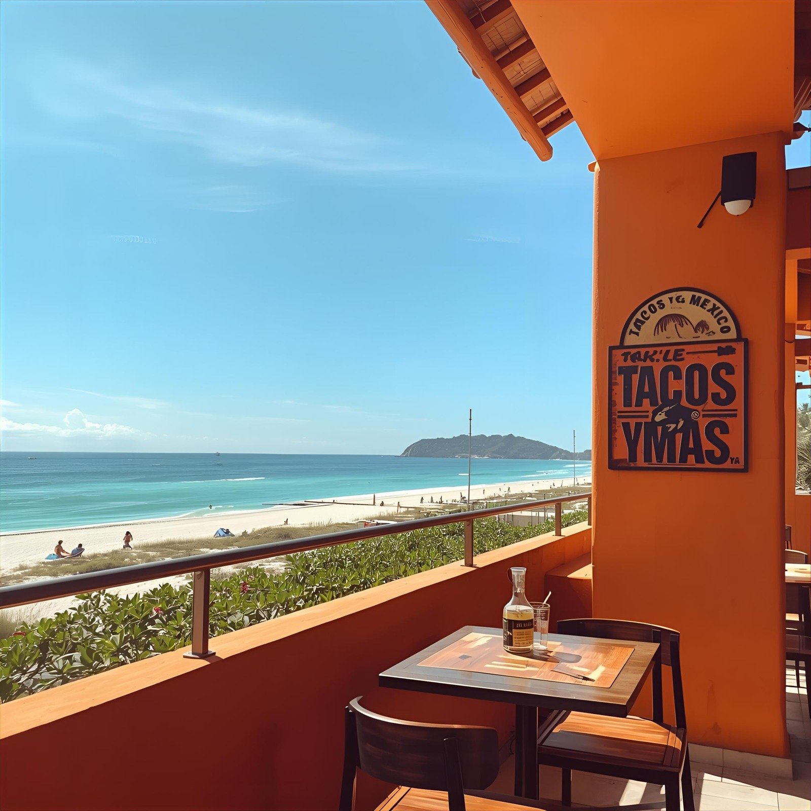 Extérieur du restaurant Tacos y Mas avec vue panoramique sur la mer, décoration mexicaine et ambiance conviviale.