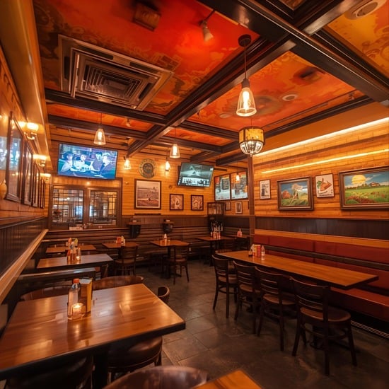 Intérieur chaleureux d'un restaurant avec des tables en bois, des peintures au mur et des écrans de télévision allumés.