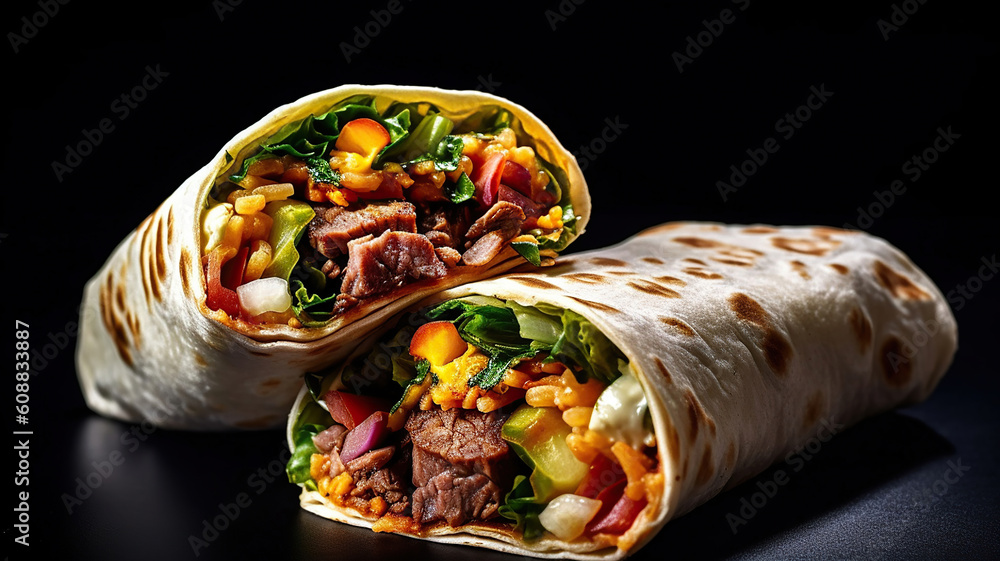 Burrito mexicain roulé avec haricots, viande et légumes.