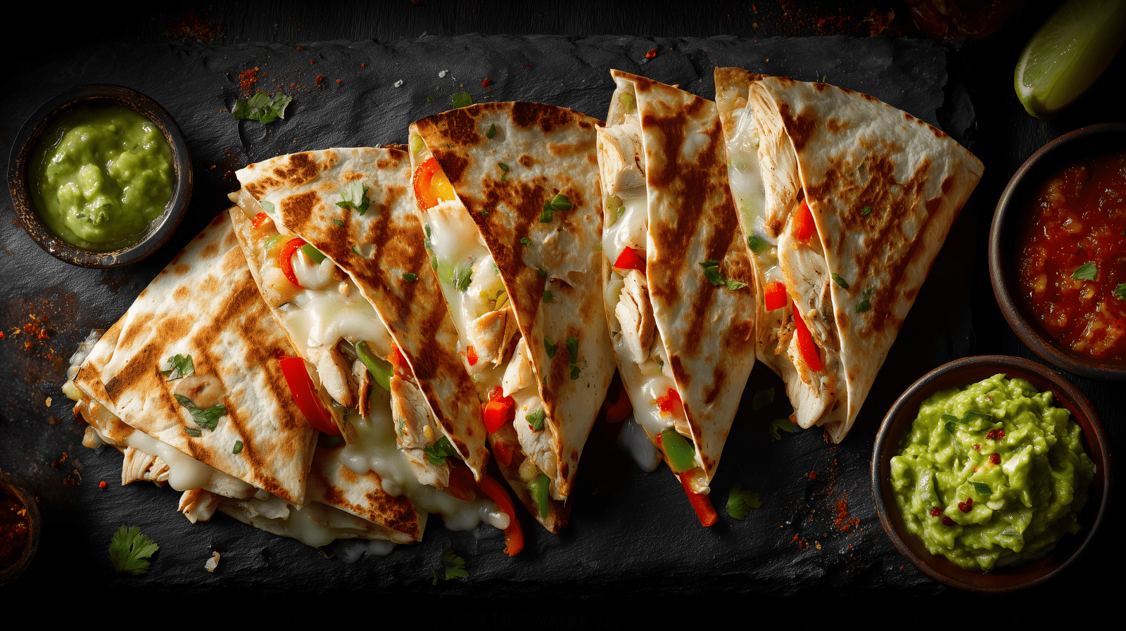 Assiette de quesadillas mexicains servis chez Tacos y Mas, garnis de viande marinée et de légumes frais.